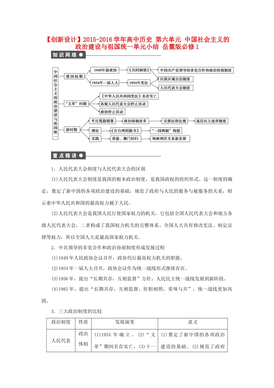 高中历史 第六单元 中国社会主义的政治建设与祖国统一单元小结 岳麓版必修1-岳麓版高一必修1历史试题_第1页