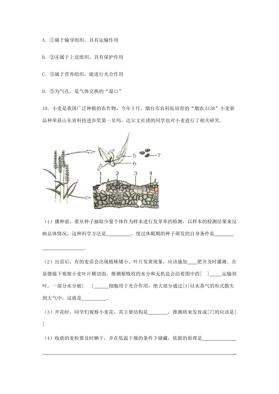 中考生物总复习 第四单元 生物圈中的绿色植物 第二节 绿色植物的生活需要水和无机盐特色训练试卷_第3页