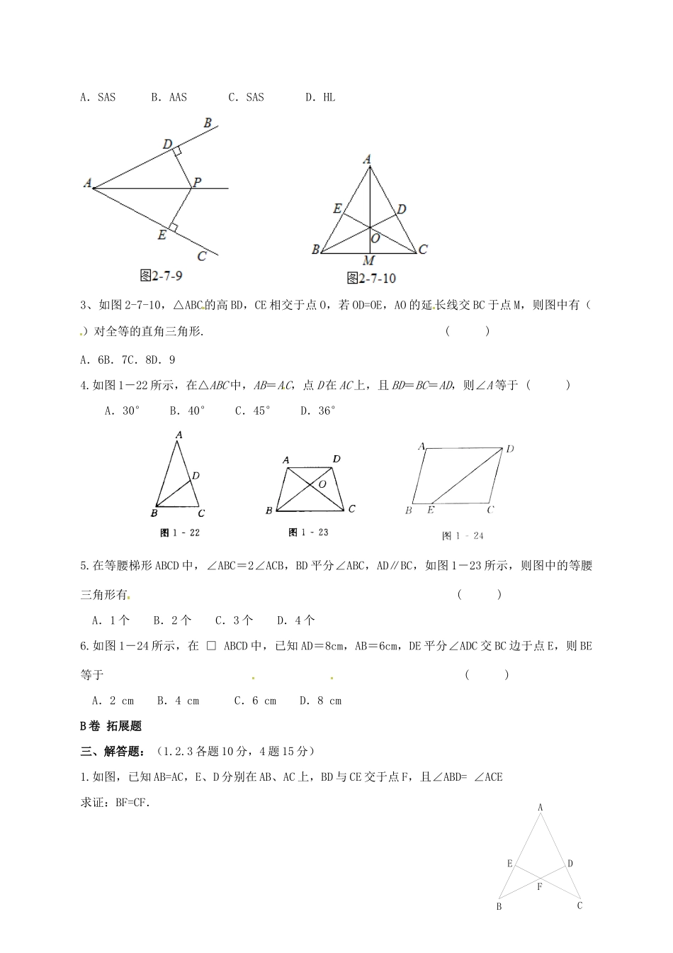 四川省成都市青白江区八年级数学下册 第一章 三角形的证明 等腰与直角三角形限时练(新版)北师大版试卷_第2页