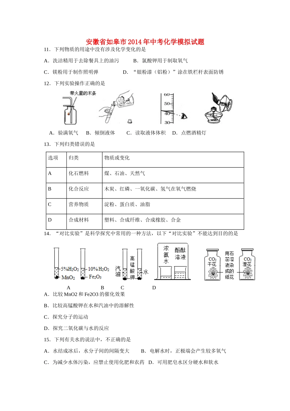 安徽省如皋市中考化学模拟试卷试卷_第1页