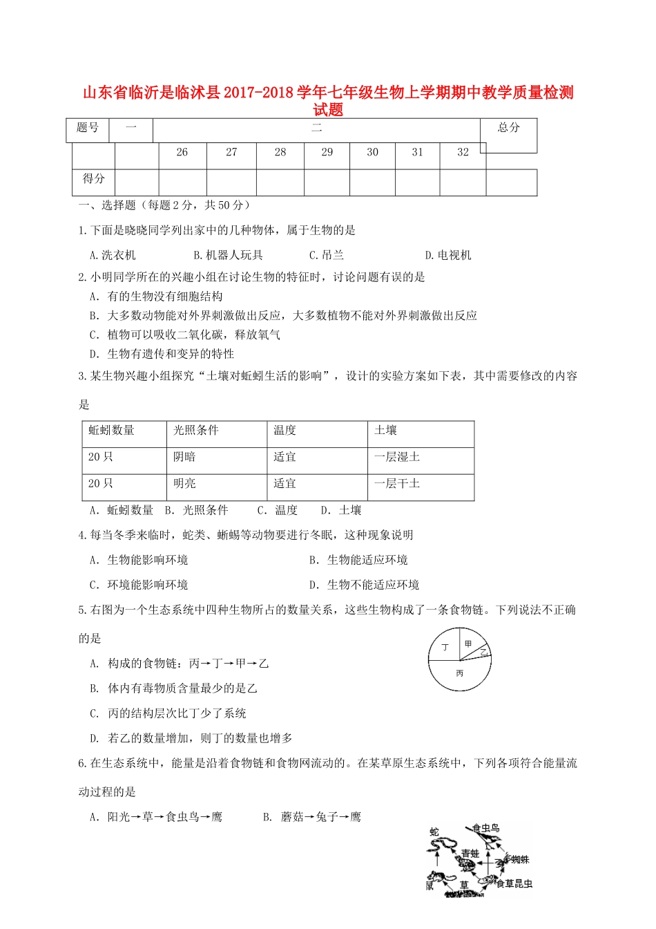 山东省临沂市临沭县七年级生物上学期期中教学质量检测试卷_第1页