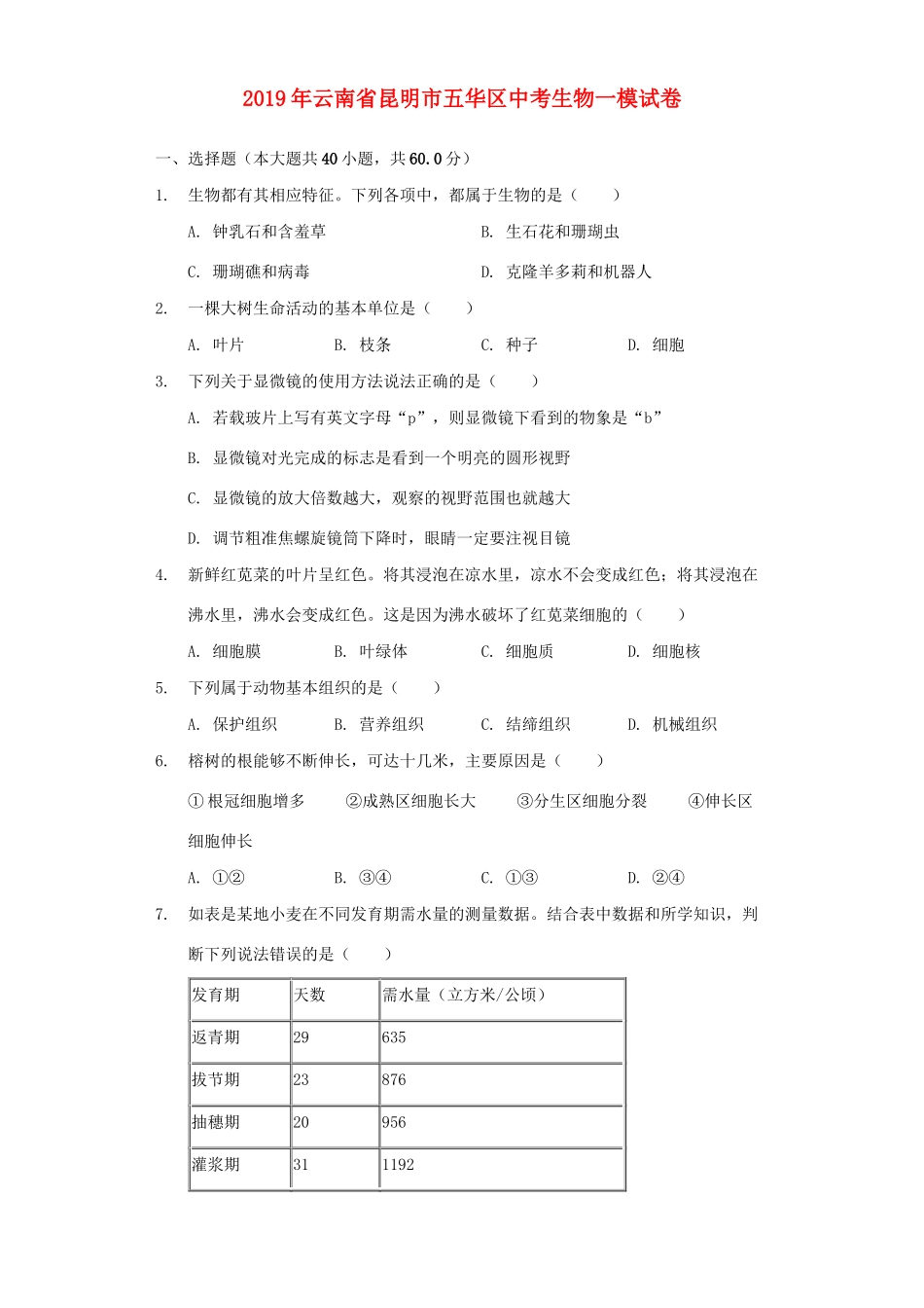 中考生物一模试卷试卷_第1页