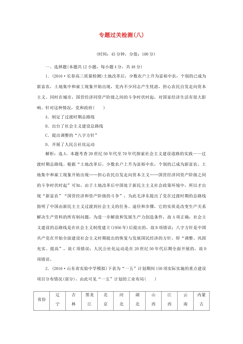 优化方案高考历史一轮复习 专题8 中国特色社会主义建设的道路专题过关检测 人民版-人民版高三全册历史试题_第1页