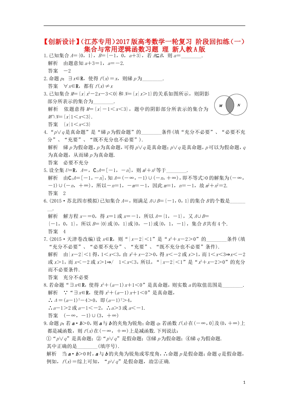 （江苏专用）高考数学一轮复习 阶段回扣练（一） 集合与常用逻辑函数习题 理 新人教A版-新人教A版高三全册数学试题_第1页