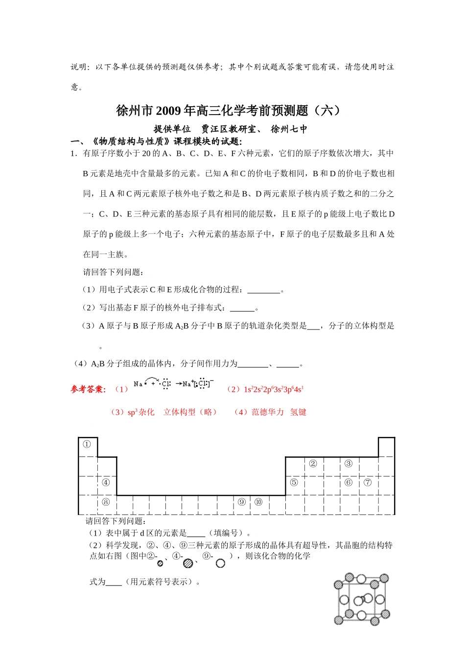 江苏省贾汪区高三化学考前预测题（六）_第1页