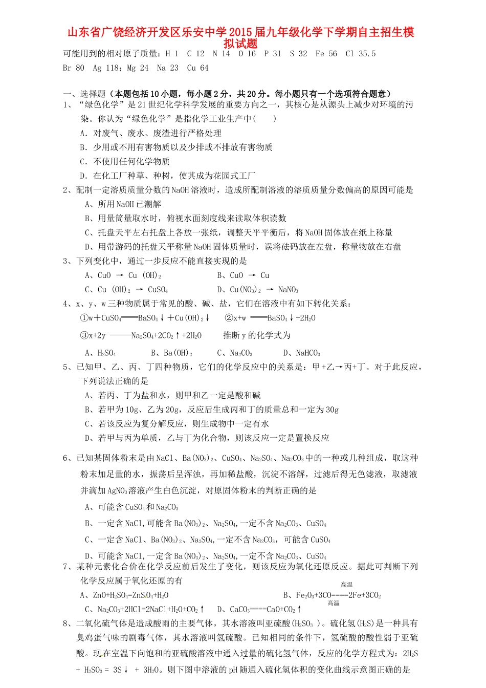 九年级化学下学期自主招生模拟试卷 人教版五四制试卷_第1页