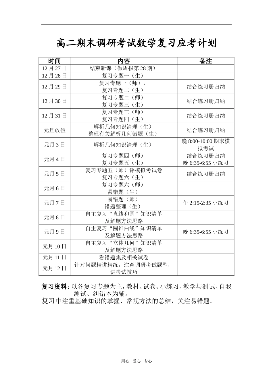 高二期末调研考试数学复习应考计划_第1页