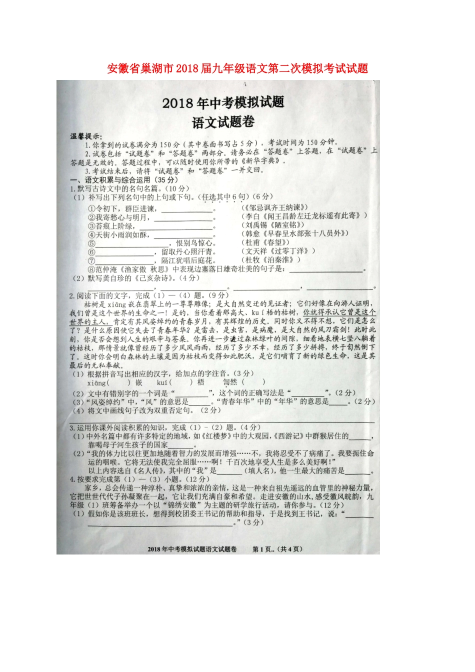 安徽省巢湖市九年级语文第二次模拟考试试卷试卷_第1页