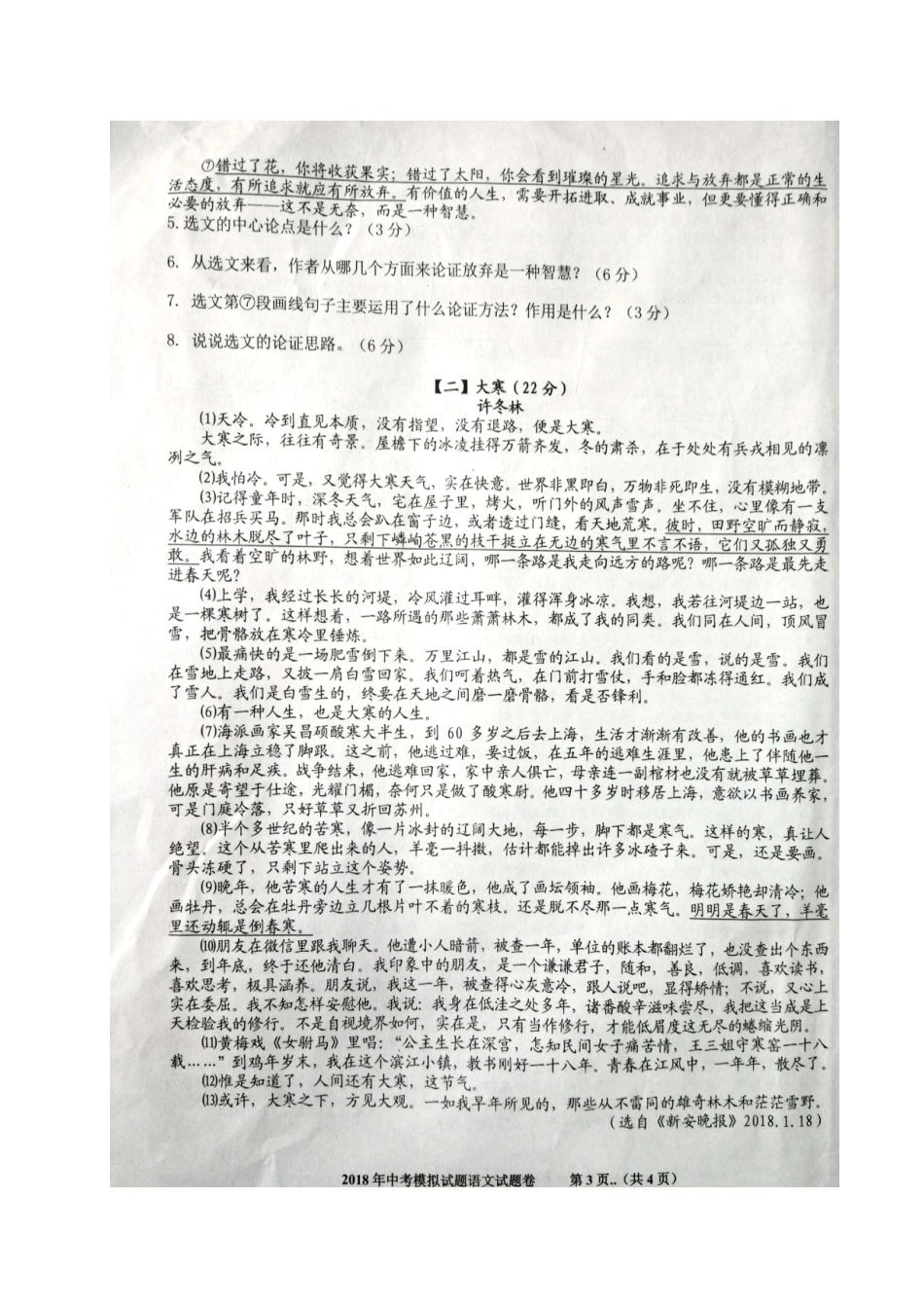 安徽省巢湖市九年级语文第二次模拟考试试卷试卷_第3页