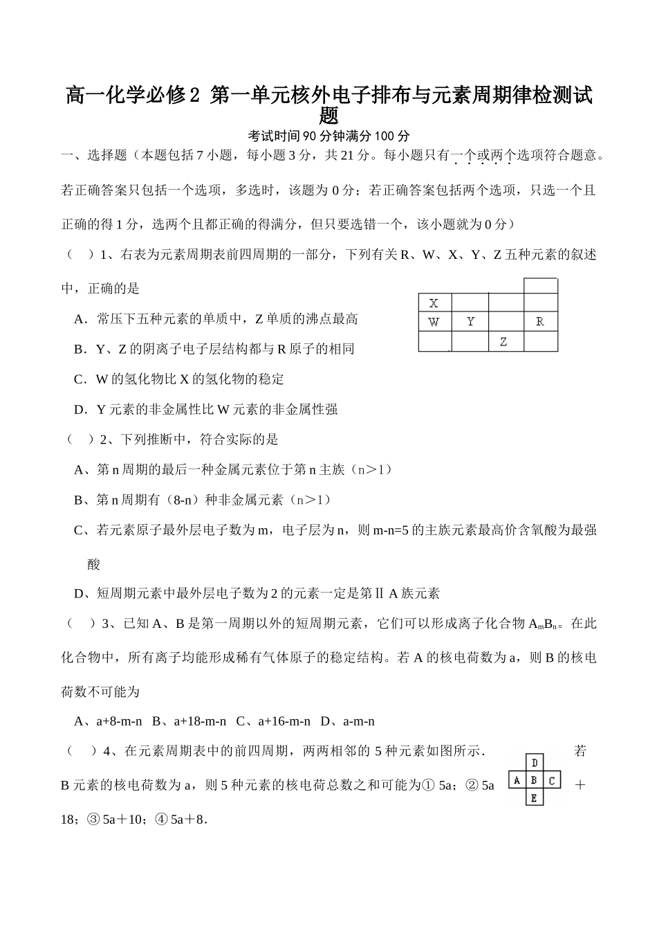 高一化学必修2 第一单元核外电子排布与元素周期律检测试题_第1页
