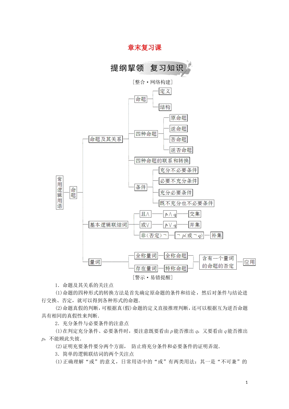 高中数学 第一章 常用逻辑用语章末复习课课堂演练（含解析）新人教A版选修1-1-新人教A版高二选修1-1数学试题_第1页