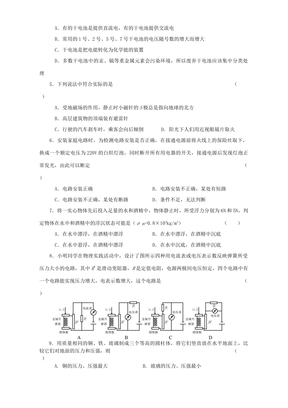 中考物理毕业适应性综合训练四 新课标 人教版试卷_第2页