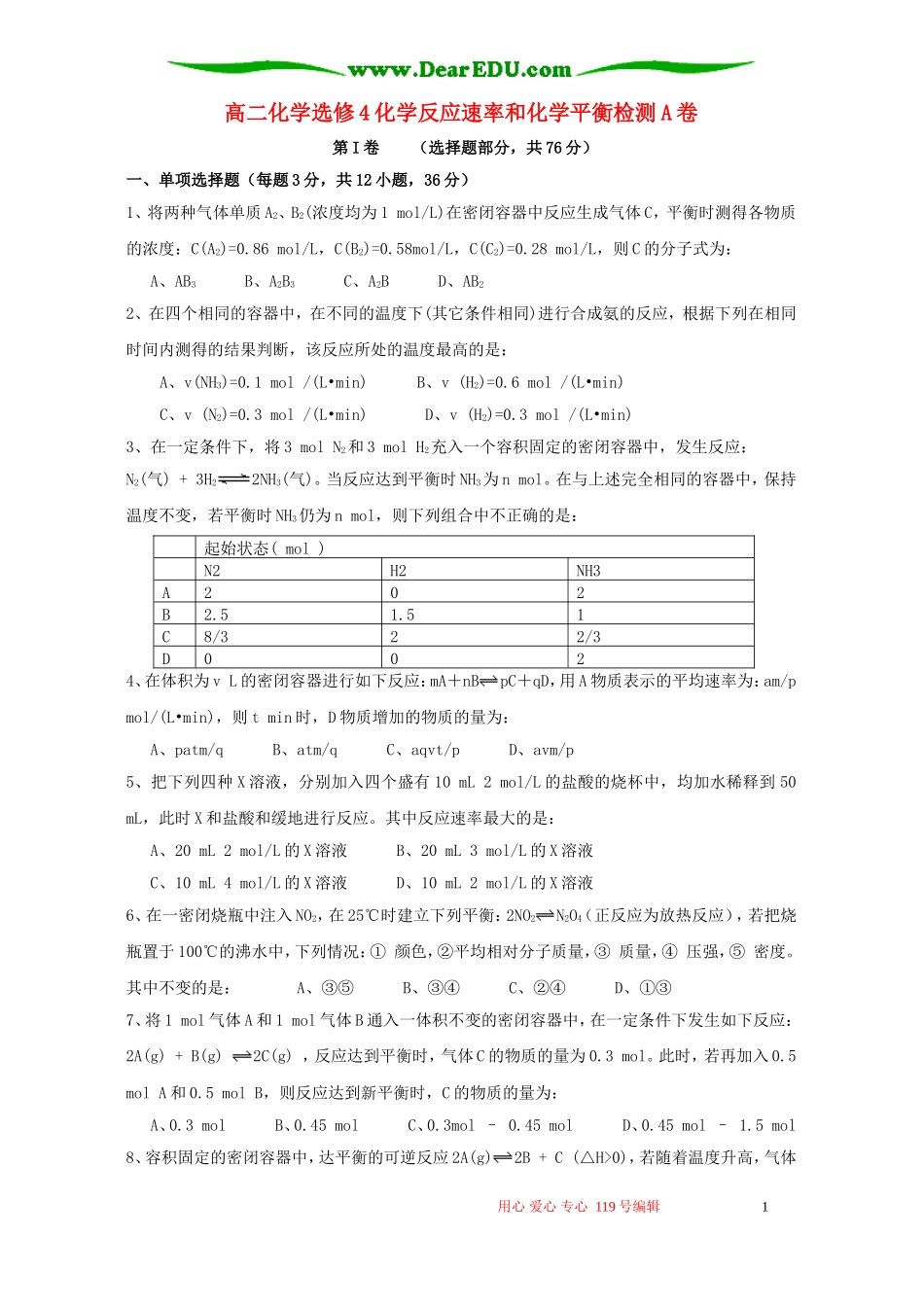 高二化学选修4化学反应速率和化学平衡检测A卷_第1页