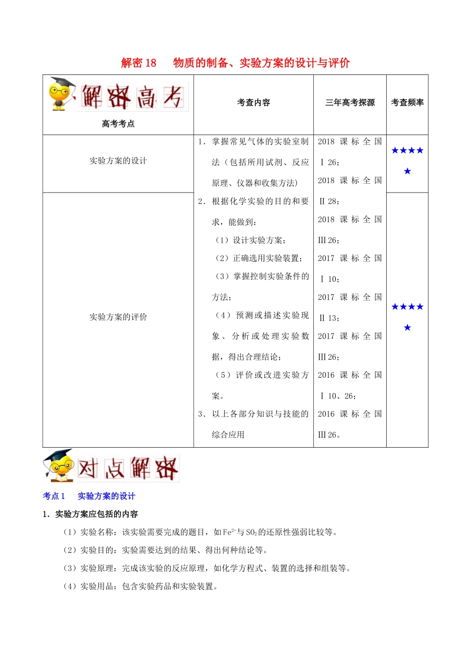 备战高考化学 高频考点解密18 物质的制备、实验方案的设计与评价（含解析）-人教版高三全册化学试题_第1页