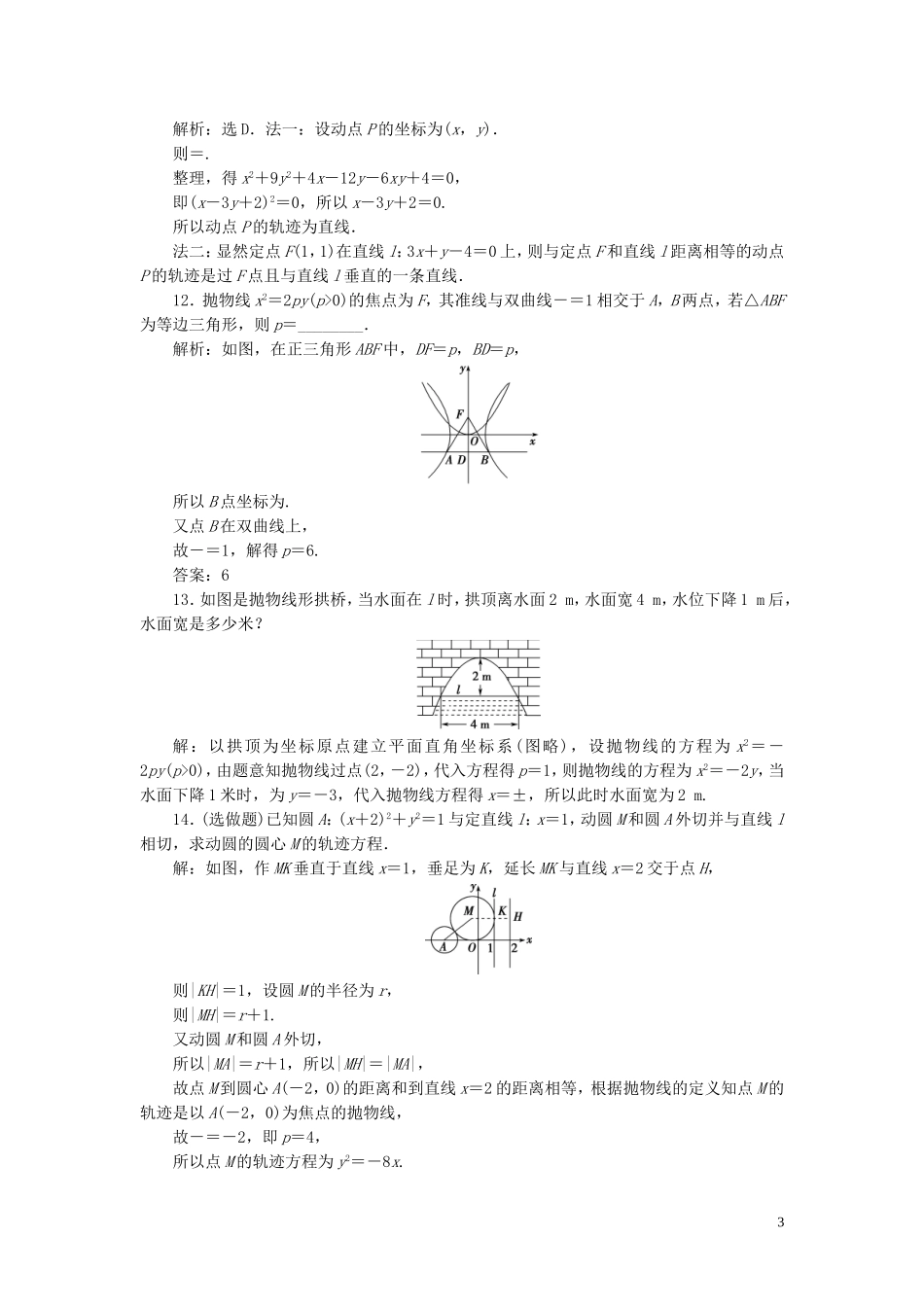 高中数学 第2章 圆锥曲线与方程 2.4 抛物线 2.4.1 抛物线的标准方程应用案巩固提升 新人教B版选修2-1-新人教B版高二选修2-1数学试题_第3页