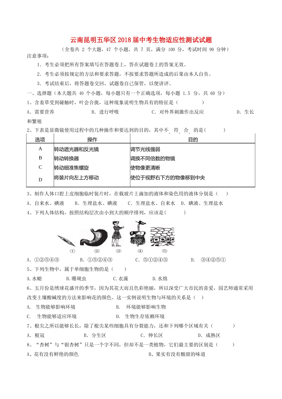 中考生物适应性测试试卷_第1页