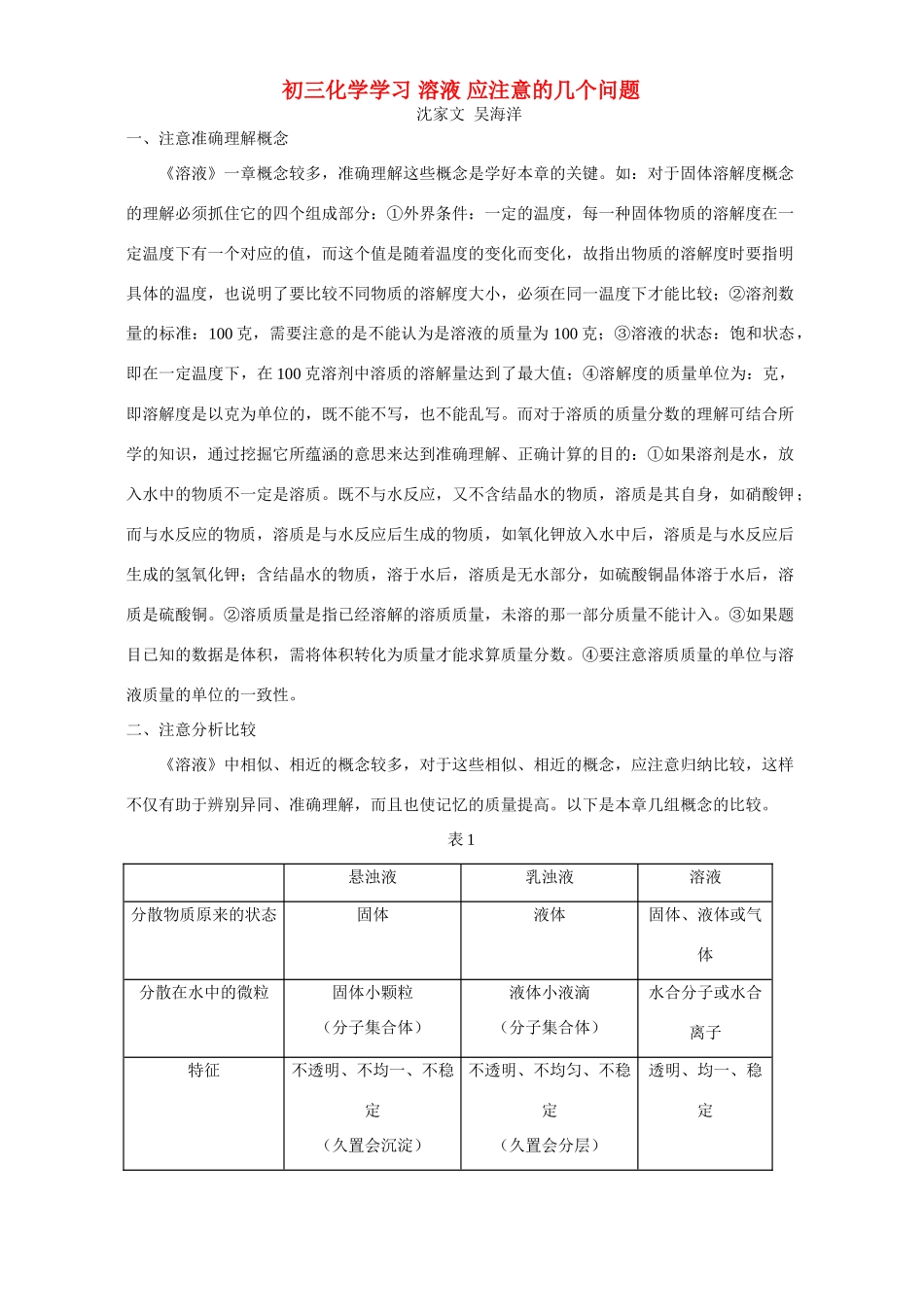 初三化学学习 溶液 应注意的几个问题 学法指导 不分版本 试题_第1页