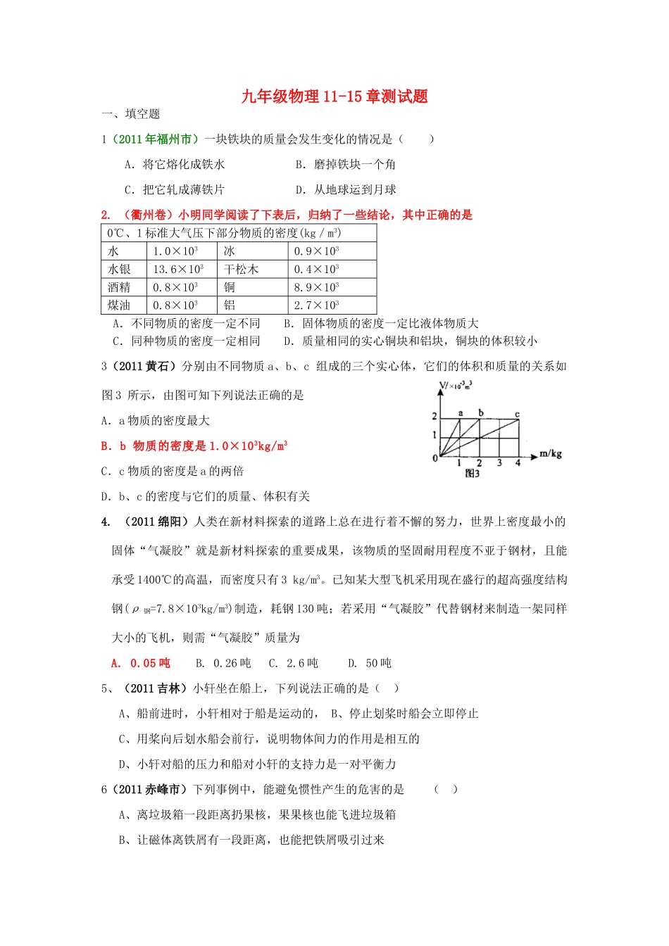 九年级物理 11-15章测试卷 人教新课标版试卷_第1页