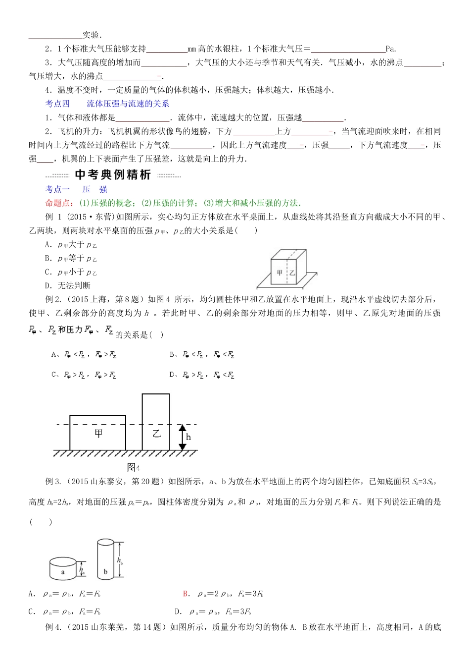 中考物理总复习 第10讲 压强(考点知识梳理中考典例精析考点训练)试卷_第2页
