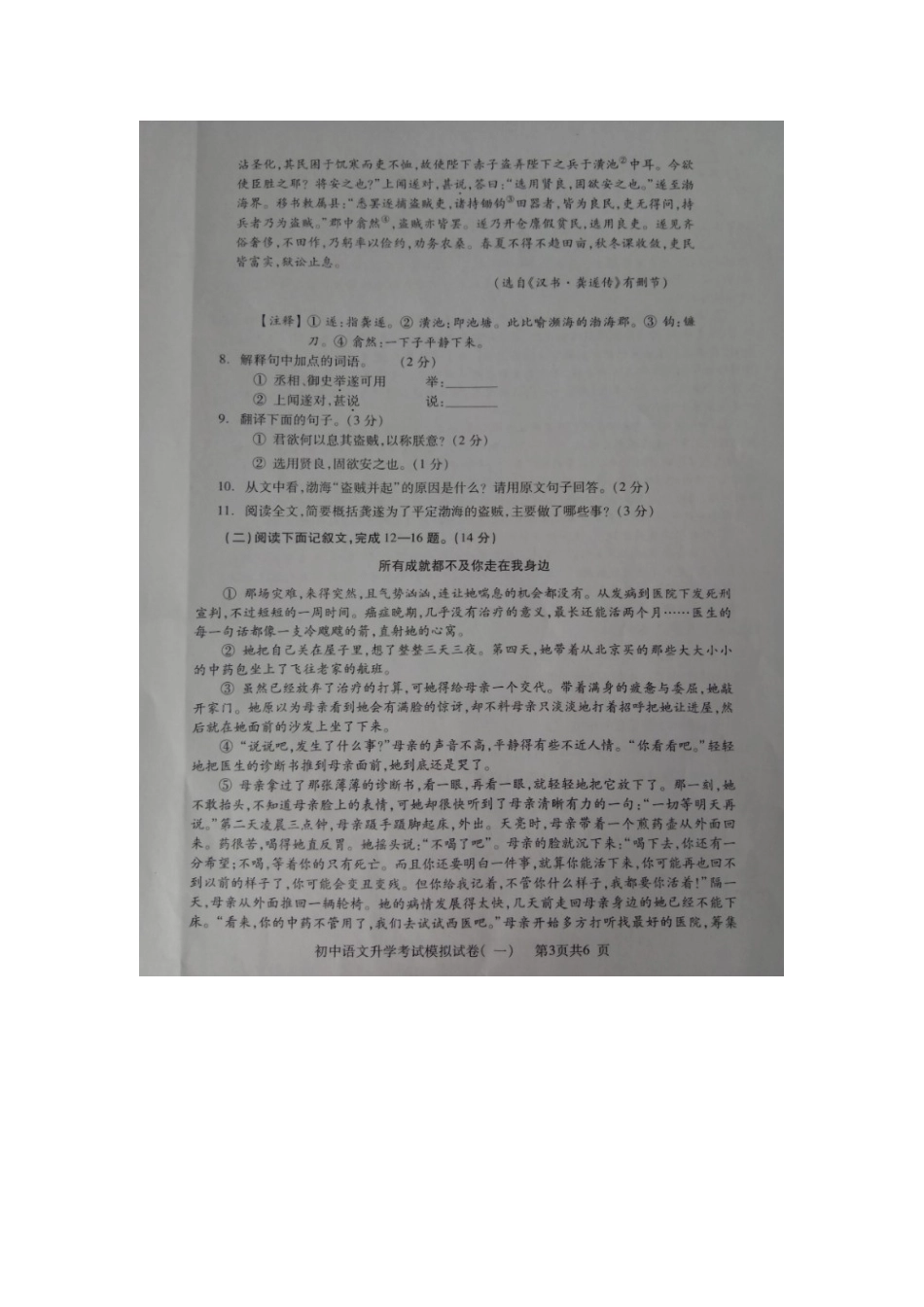 初中语文升学模拟试题(一)(扫描版，无答案) 试题_第3页