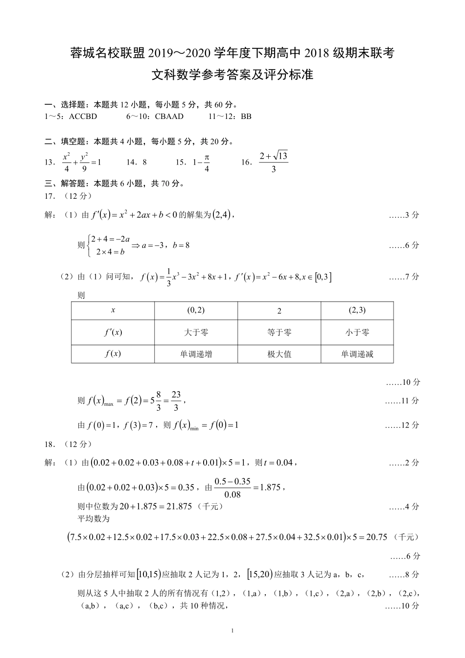 四川省成都市蓉城联盟高二数学下学期期末联考试卷 文(PDF)答案 四川省成都市蓉城联盟高二数学下学期期末联考试卷 文(PDF) 四川省成都市蓉城联盟高二数学下学期期末联考试卷 文(PDF)_第1页