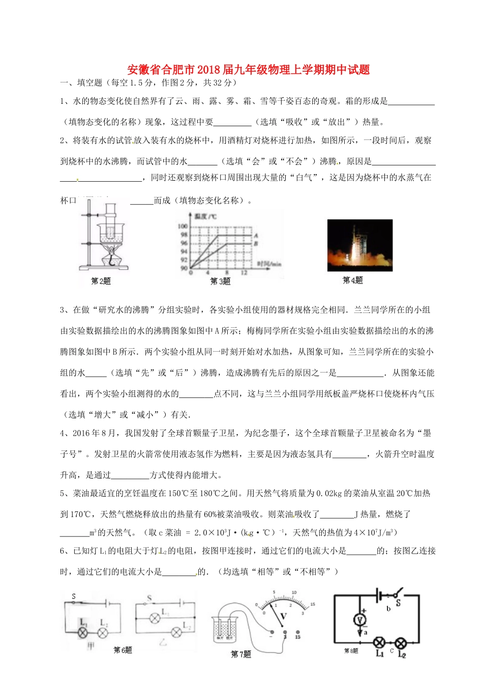 安徽省合肥市九年级物理上学期期中试卷 新人教版试卷_第1页