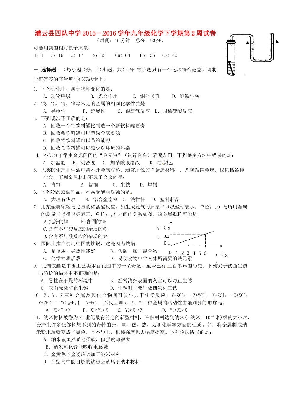 九年级化学下学期第2周周测试卷试卷_第1页