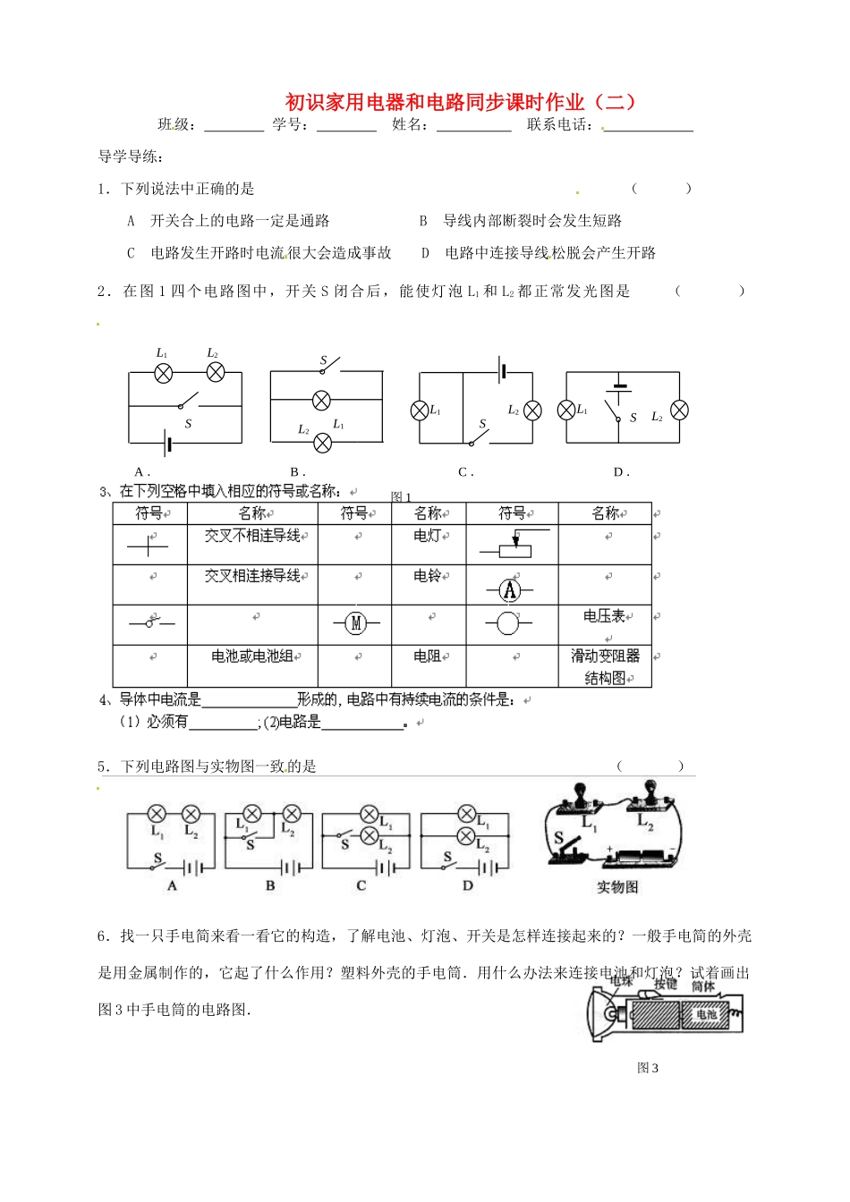 九年级物理上册 10 初识家用电器和电路同步课时作业(二) 苏科版试卷_第1页