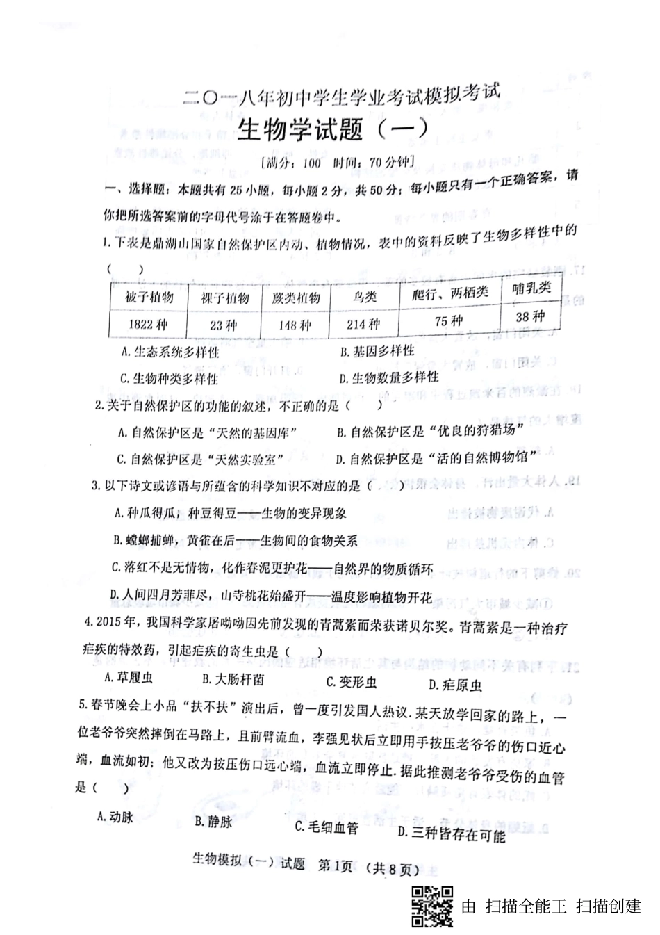 山东省临清市 八年级生物下学期期中试卷(pdf) 新人教版试卷_第1页