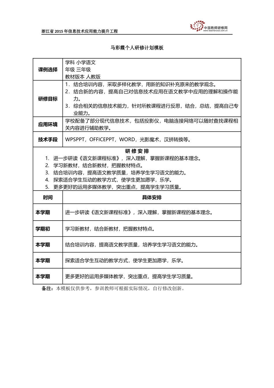 小马个人研修计划模板_第1页