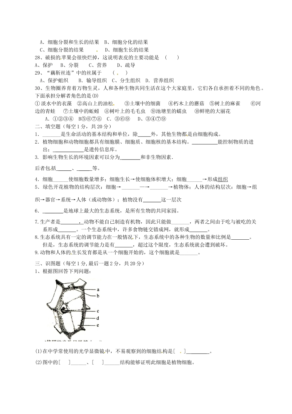 四川省自贡市富顺县童寺学区七年级生物上学期期中试卷(答案不全) 新人教版试卷_第3页