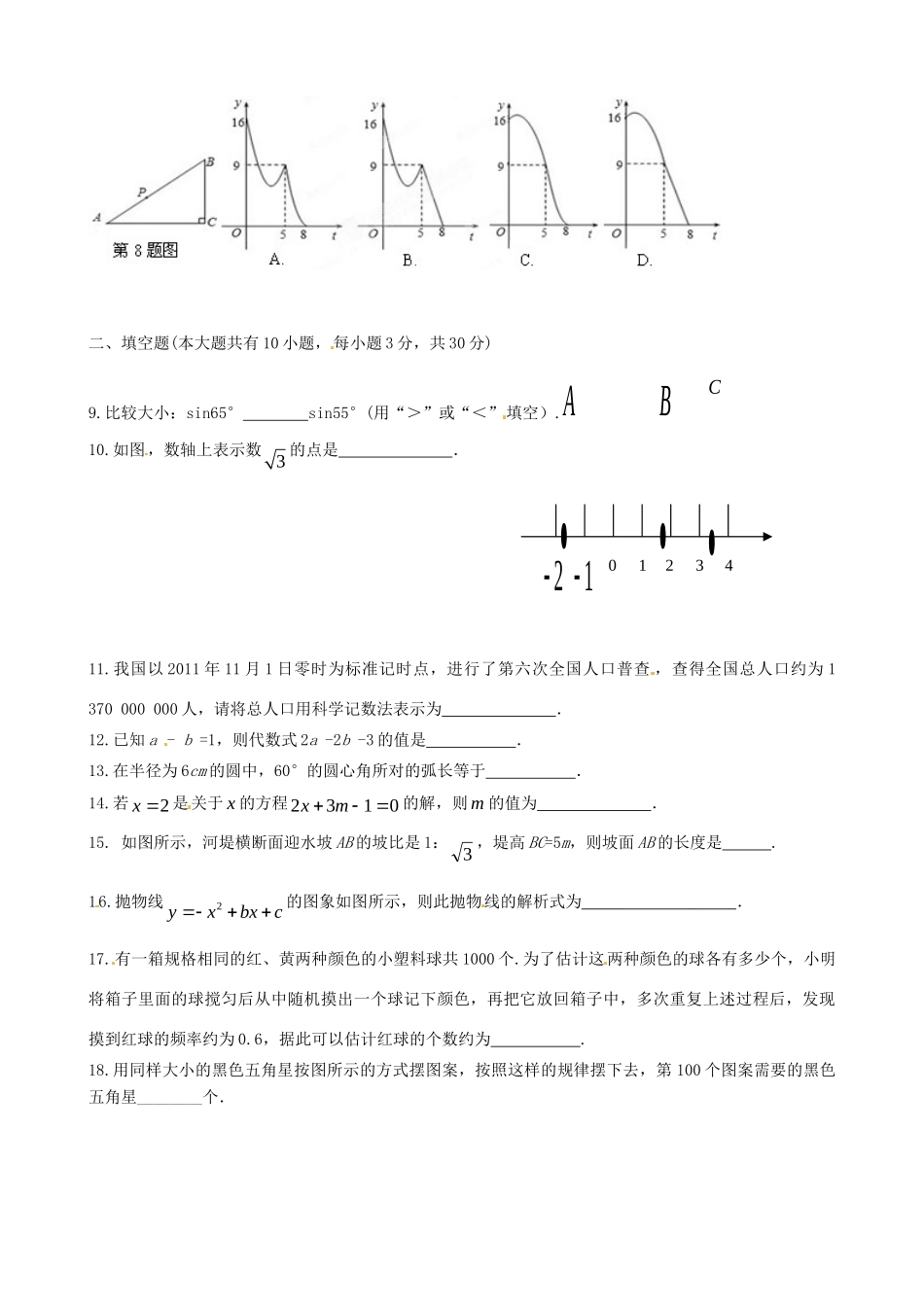 初中数学学业水平模拟试题3(无答案) 试题_第2页
