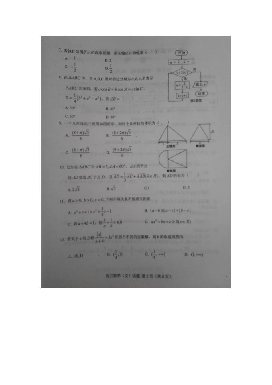 山东省临沂市高三数学上学期期末质量检测试卷 文(扫描版)新人教A版试卷_第2页