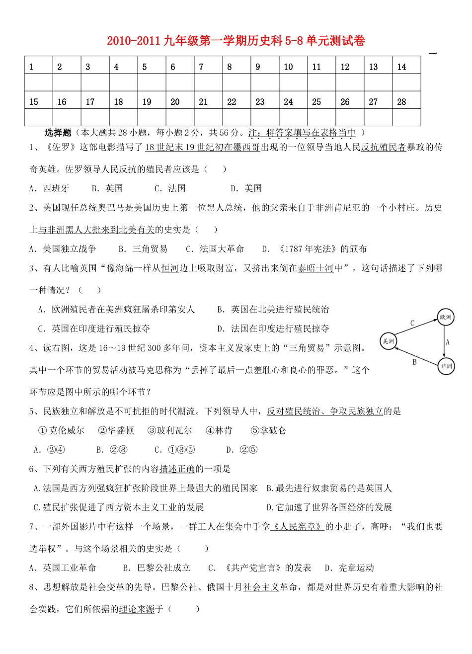 九年级历史上学期5至8单元测试卷无答案 人教新课标版试卷_第1页