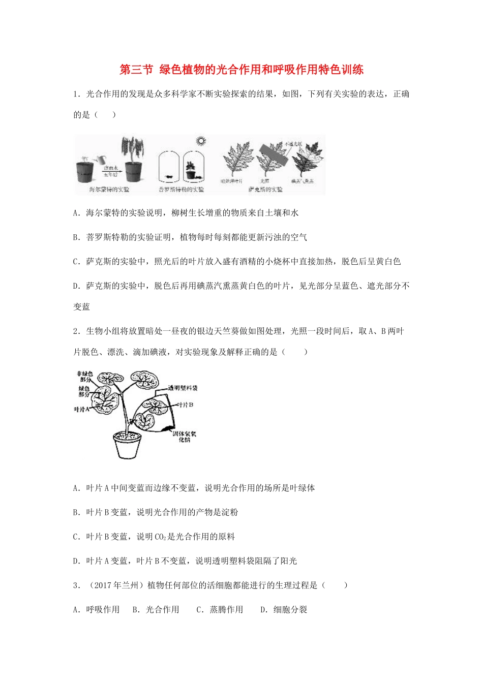 中考生物总复习 第四单元 生物圈中的绿色植物 第三节 绿色植物的光合作用和呼吸作用特色训练试卷_第1页
