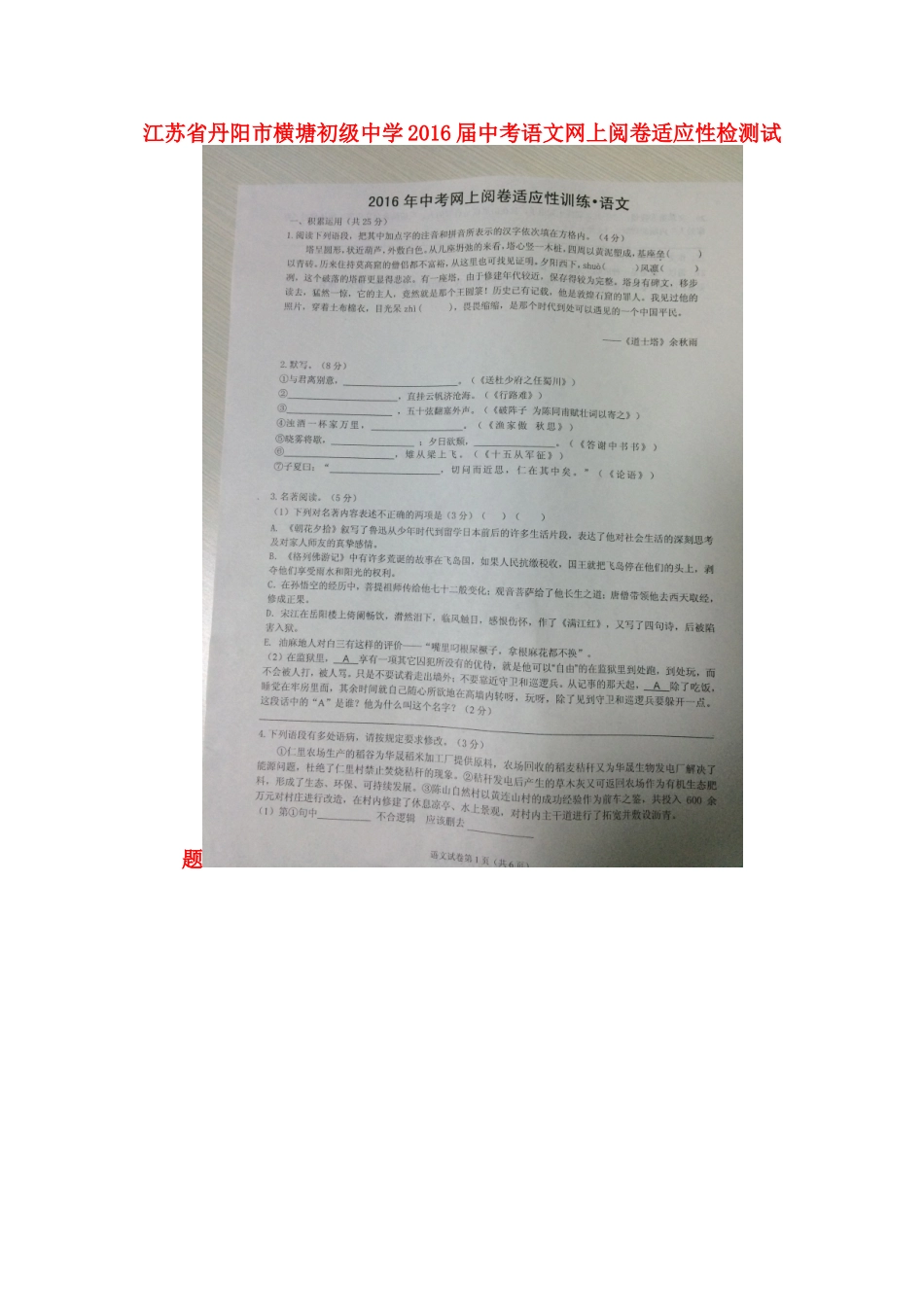 中考语文网上阅卷适应性检测试卷试卷_第1页