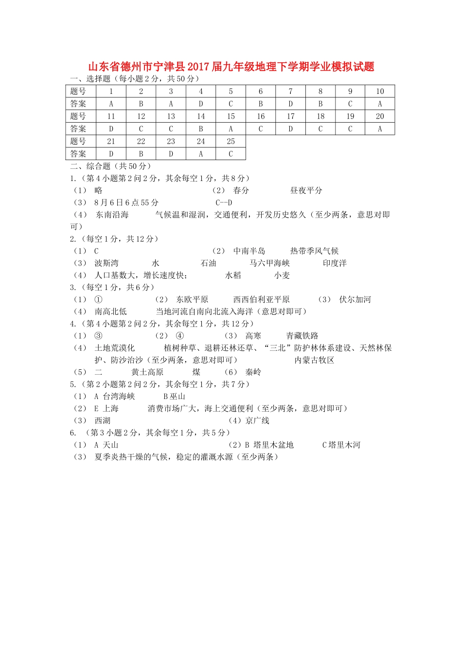 九年级地理下学期学业模拟试卷答案 042626_第1页