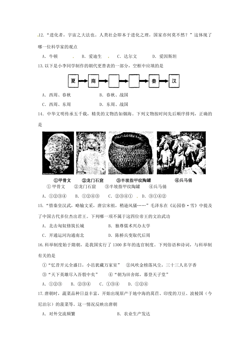 九年级历史上学期期中教学质量调研测试试卷 新人教版试卷_第3页