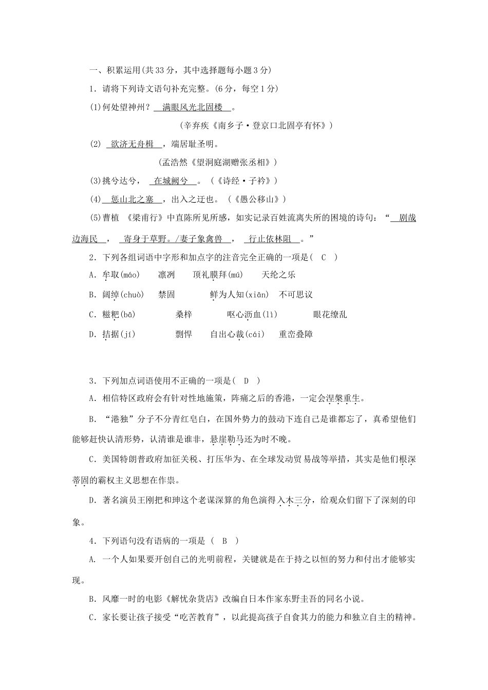 中考语文考前冲刺特训全真模拟卷二试卷_第2页