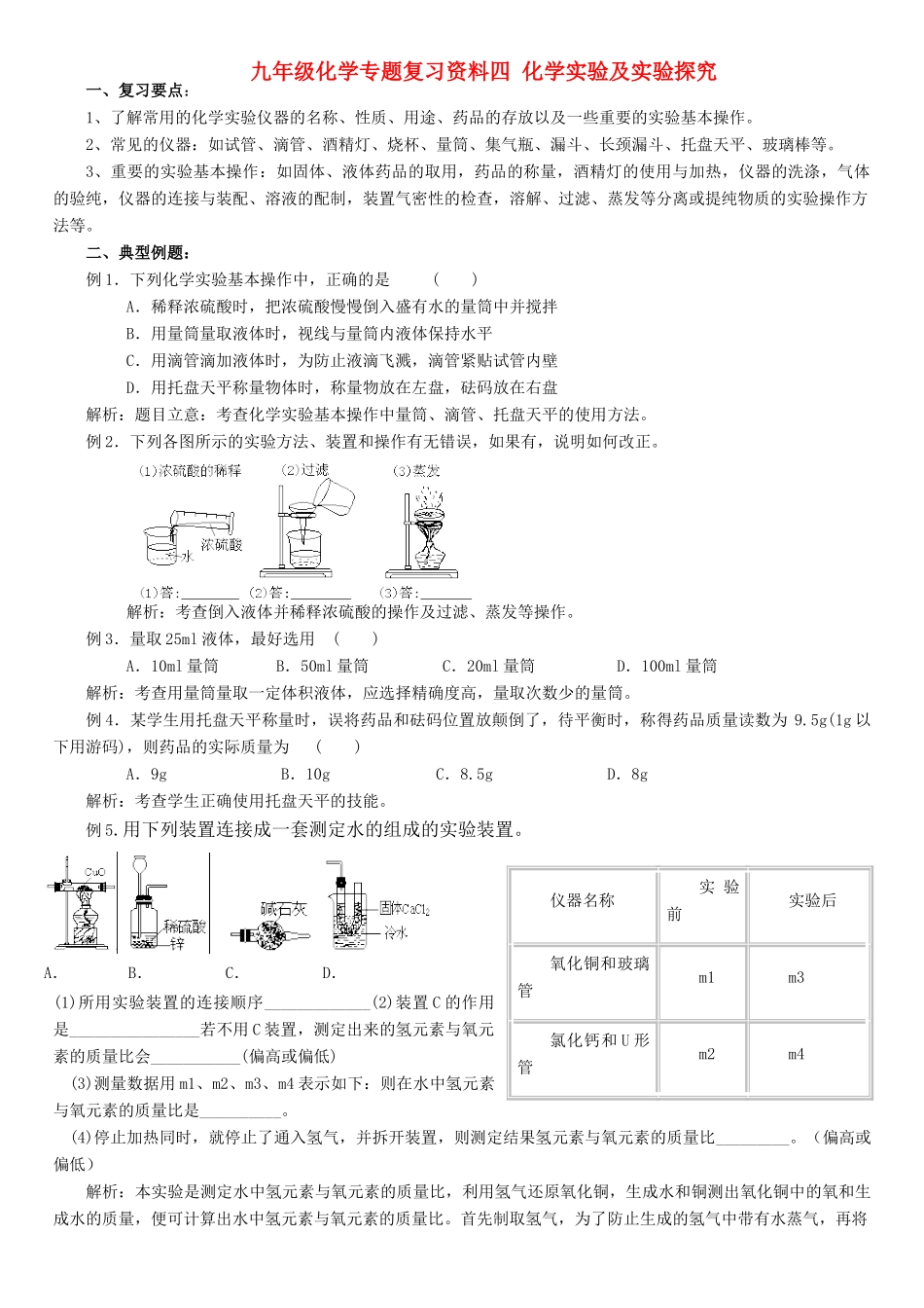 九年级化学专题复习资料四 化学实验及实验探究(无答案)试卷_第1页
