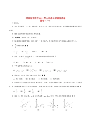九年级数学中招模拟考试 试卷