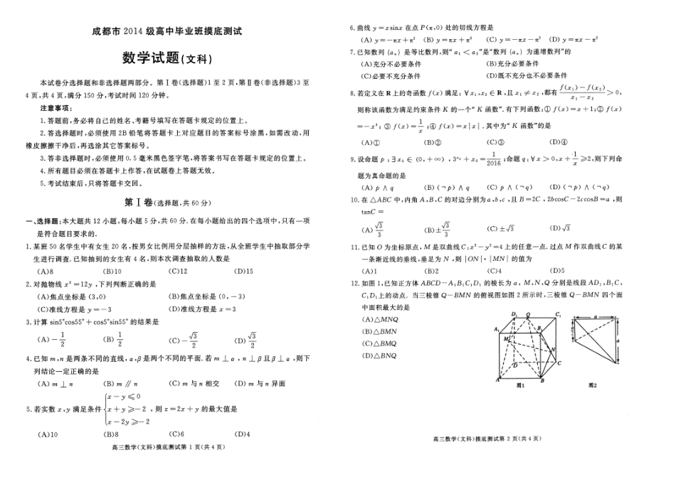 四川省成都市级高三数学毕业班摸底(零诊)考试试卷 文 071316 071316_第1页