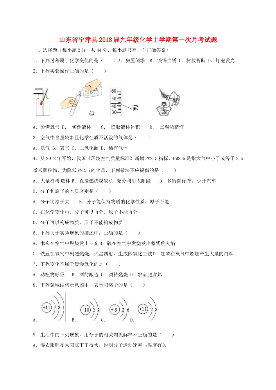 山东省宁津县九年级化学上学期第一次月考试卷_第1页