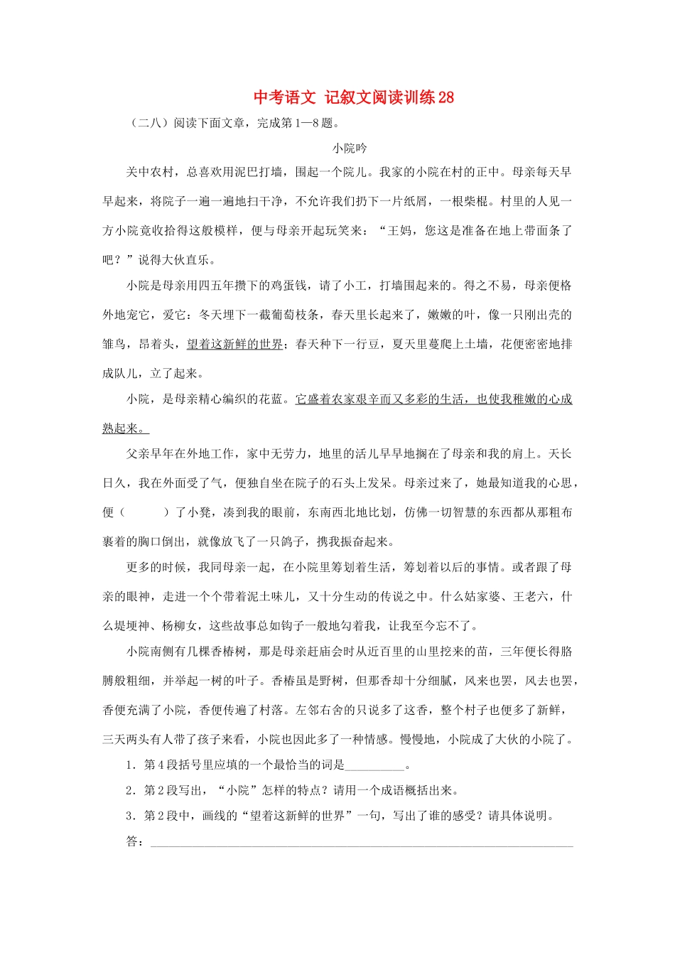 中考语文 记叙文阅读训练28试卷_第1页