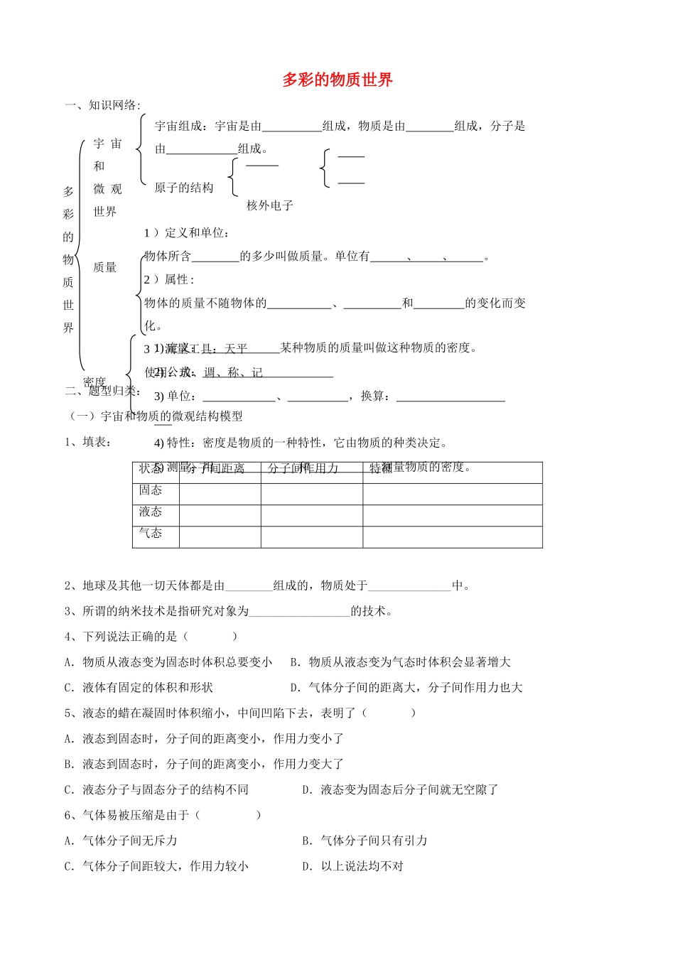 九年级物理 第十一章(多彩的物质世界)单元检测人教新课标版试卷_第1页