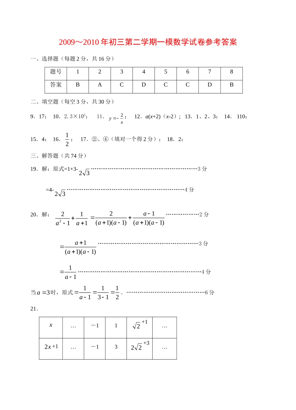 初三一模数学试卷参考答案 江苏省南京市江宁区中考数学第一次模拟试题及答案(含答卷纸)_第1页