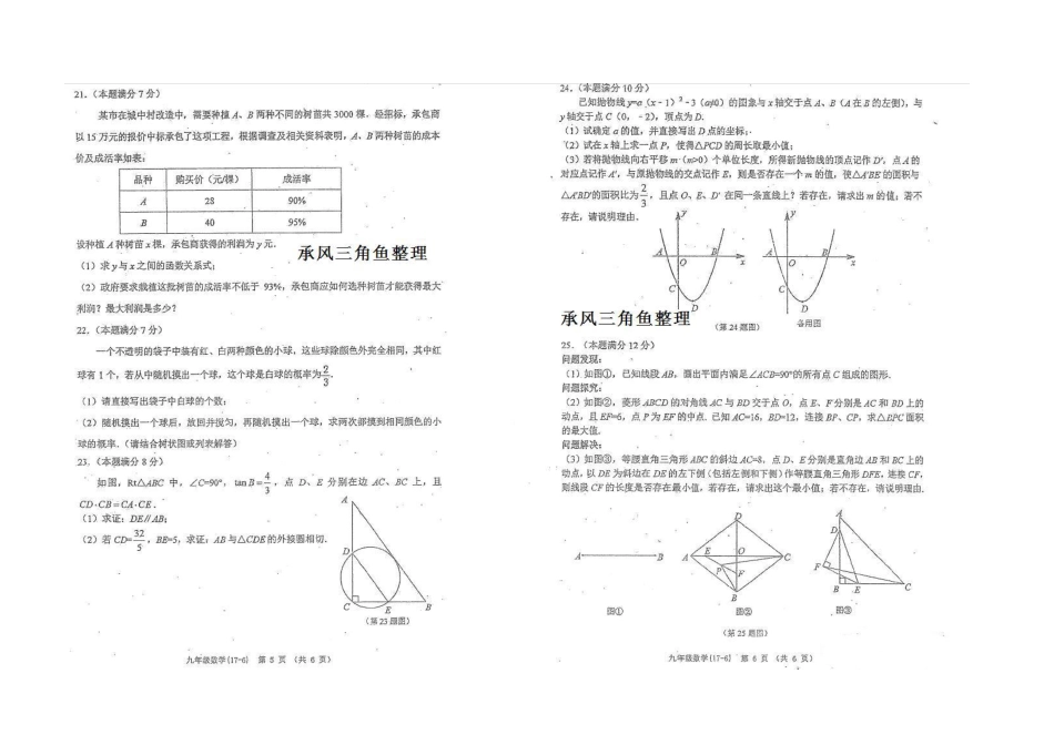 九年级数学第六次适应性训练试卷(pdf) 061618_第3页