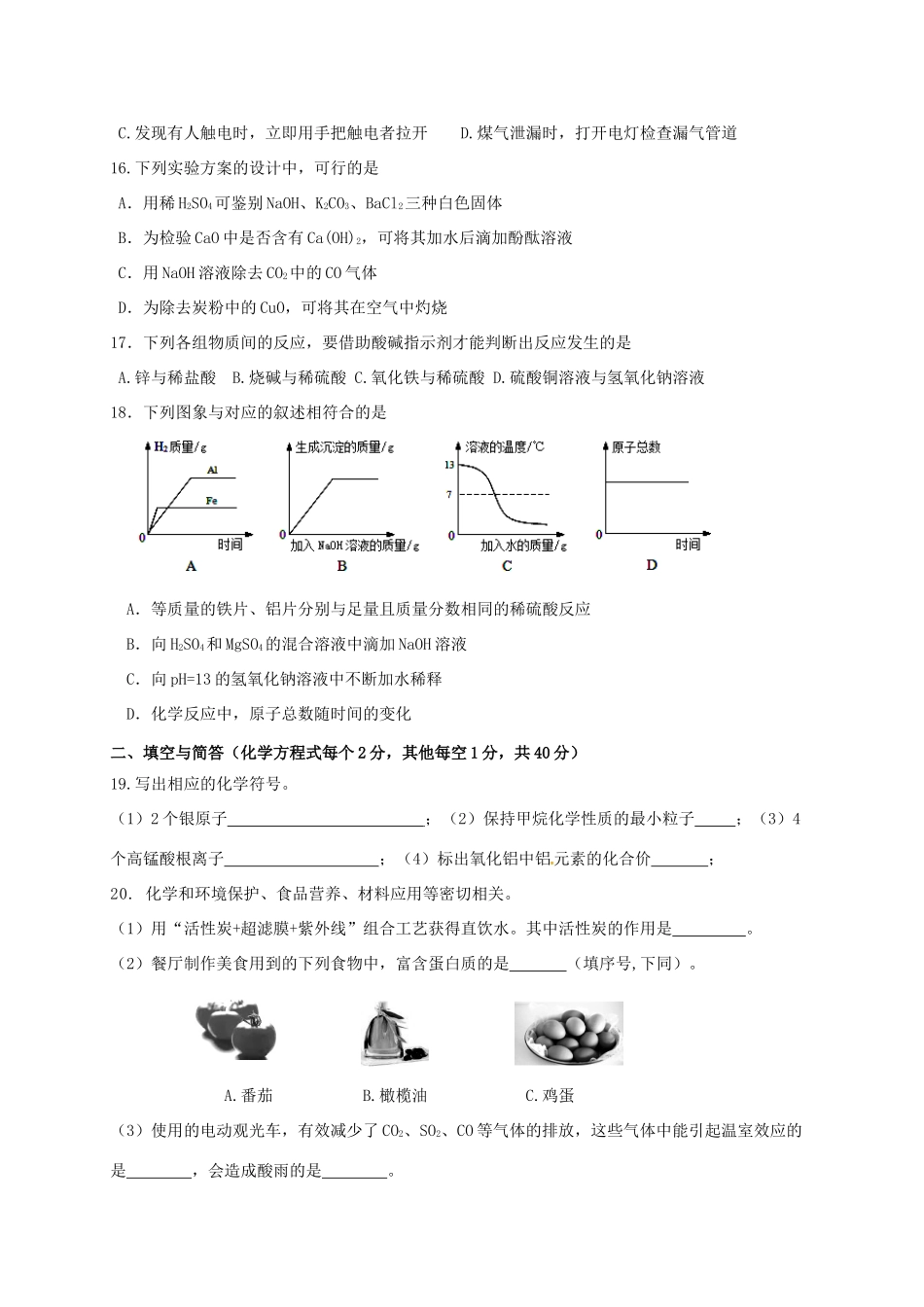 九年级化学下学期一轮模拟试卷试卷_第3页
