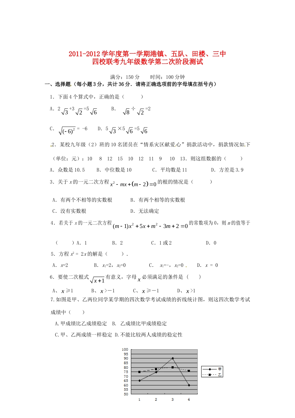 九年级数学第二次阶段测试卷试卷_第1页