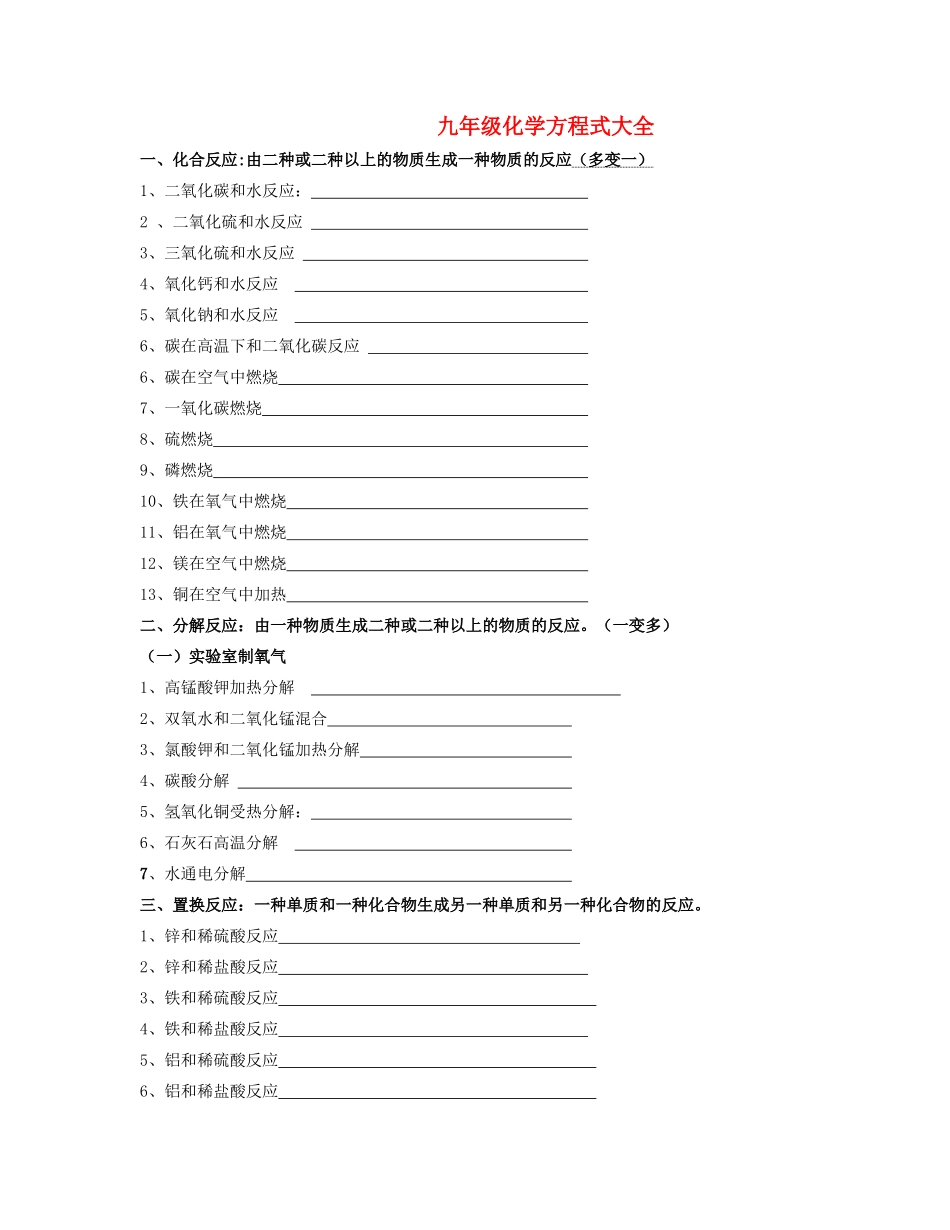 九年级化学 方程式大全总结 人教新课标版试卷_第1页